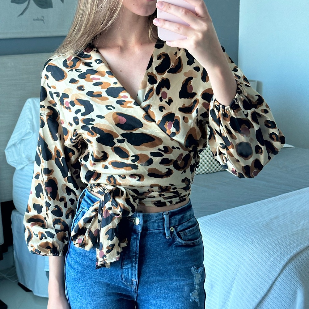 Satin Cheetah Print Wrap Blouse